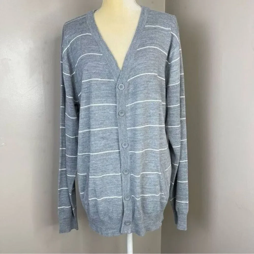 Women’s Sweater Cardigan 2XL Gray Stripe long sleeve V Neck